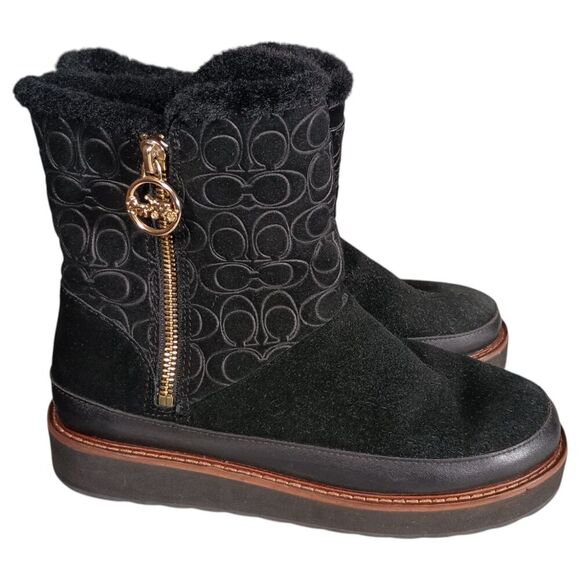 Coach Boots 7 Womens Black Signature Isa Suede Snow Flat Round Toe Low Comfort - Picture 1 of 12